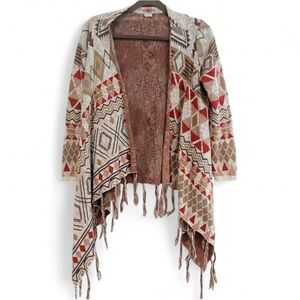 SUN & SHADOW AZTEC TRIBAL PRINT OPEN FRONT FRINGED CARDIGAN SIZE SMALL